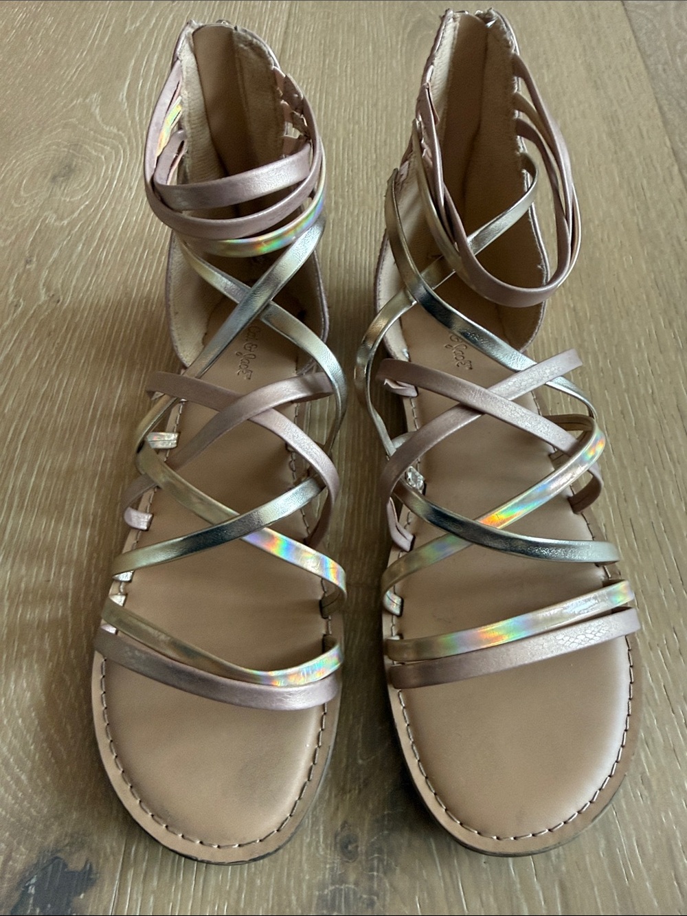 Cat & Jack Girls' Tan Sandals with Holographic Straps
